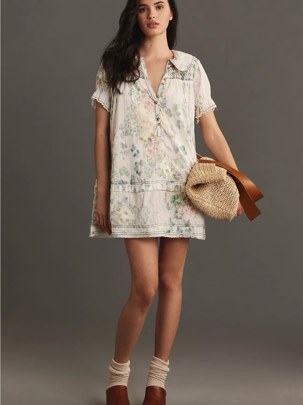 Pilcro Puff-Sleeve Collared Babydoll Mini Dress XS